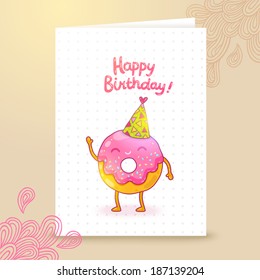 Happy Birthday card background with cute donut. Vector holiday party template