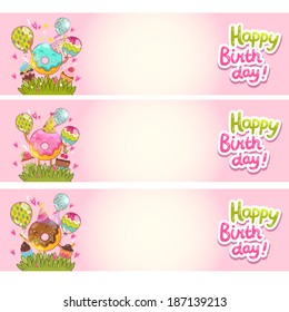 Happy Birthday card background with cute donut. Vector holiday party template