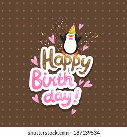 Happy Birthday card background with cute penguin. Vector holiday party template