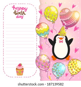 Happy Birthday card background with cute penguin. Vector holiday party template