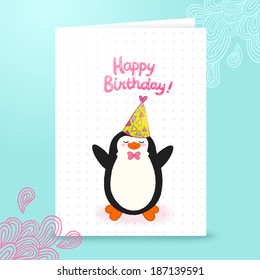 Happy Birthday card background with cute penguin. Vector holiday party template