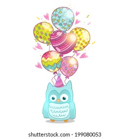 Happy Birthday card background with cute cartoon owl. Vector holiday party template. Greeting postcard image.