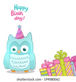 Happy Birthday card background with cute cartoon owl. Vector holiday party template. Greeting postcard image.