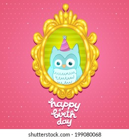 Happy Birthday card background with cute cartoon owl. Vector holiday party template. Greeting postcard image.