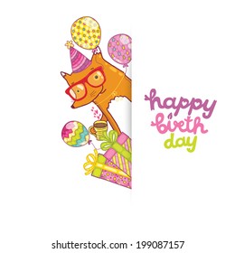 Happy Birthday card background with cute cartoon hipster fox. Vector holiday party template. Greeting postcard image.