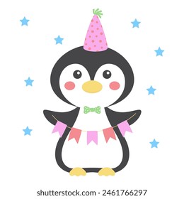 happy birthday card background with cute penguin, vector holiday party template with cute cartoon character wearing hat and with garland, flat style