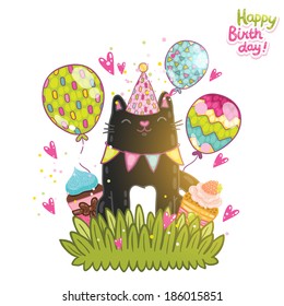 Happy Birthday card background with a dog. Vector holiday party template