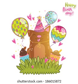 Happy Birthday card background with a dog. Vector holiday party template