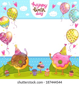 Happy Birthday card background with donuts and cupcakes.