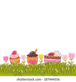Happy Birthday card background with fresh grass and cupcakes