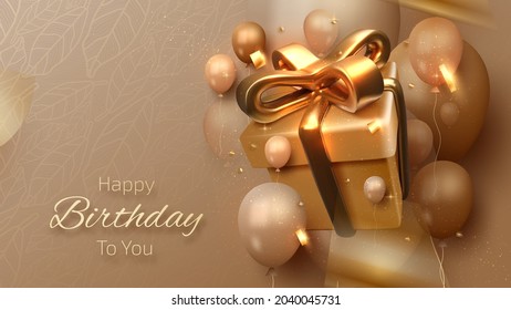 Happy birthday card background, gift box with balloons and golden ribbon around, 3d style luxury backdrop, modern template invitation design. realistic vector illustration.