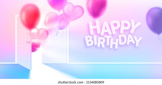 Happy birthday card with ballons. Opened door in bright interior with flying air balloons. 3d vector illustration
