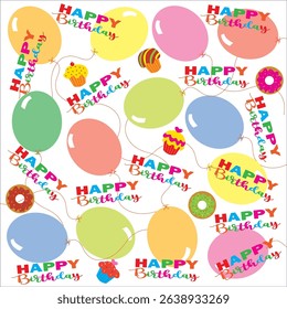 Happy birthday card with balloon, cupcake, donut and colorfull text design