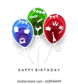 Happy Birthday Card with balloon, festive element design. Vector paper cut shapes