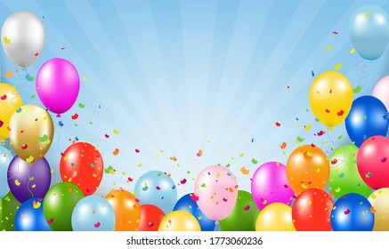 Happy Birthday Card und Balloons, blauer Hintergrund mit Farbverlauf-Mesh, Vektorgrafik