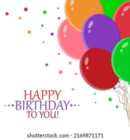 Happy birthday card with balloons. Color rubber flying cartoon balloons with string. Holiday card template. Vector stock illustration.