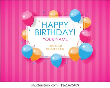 Happy Birthday Card with balloons, confettis, and stripes pink background. Editable poster. Vector