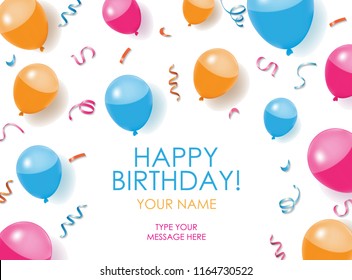 Happy Birthday Card with balloons, confettis, and white background. Editable poster. Vector