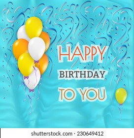 happy birthday card with balloons and falling confetti