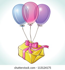 Happy birthday card with balloons and gift isolated. Vector