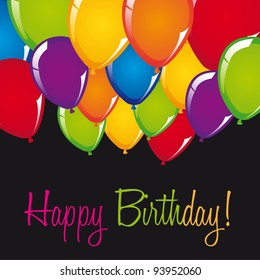 happy birthday card with balloons over black background. vector