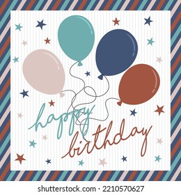 Happy birthday card with balloons, star and text