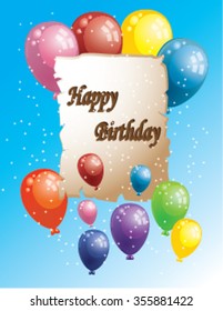 Happy birthday card with balloons and stars