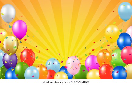 Happy Birthday Card With Balloons Sunburst Background With Gradient Mesh, Vector Illustration