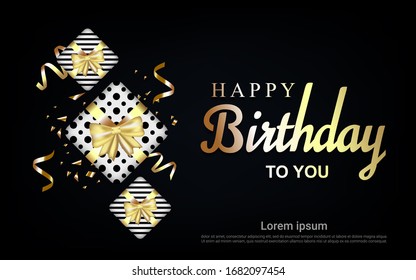 Happy Birthday card, banner. Beautiful greeting poster with calligraphy gold text word ribbon star. Hand drawn design elements. lettering on a black background 