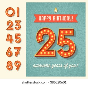 Happy Birthday Card Or Banner Design With Set Of Lighted Retro Numbers. Easy To Edit.