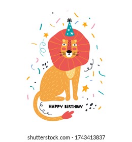 Happy birthday card or banner. Funny lion birthday. Wild animal party. Cartoon animal character. Hand drawn vector illustration with greeting typography. Child printable stuff, greeting card, sticker