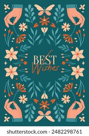 Happy Birthday. Card, banner, invitation, poster template with ornament of hands, spring plants, flowers, berries,butterfly, leaves, botany illustrations. Best Wishes. Creative design with typography.