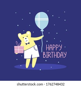 Happy Birthday card. Bear with balloon and gift. Cartoon flat illustration with cute animal
