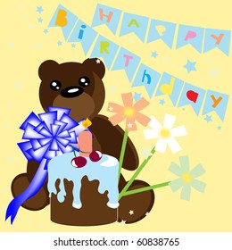 Happy birthday card with bear and cake. Vector illustration.