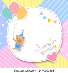 Happy Birthday card with bear holding balloons and frame on pattern pastel background