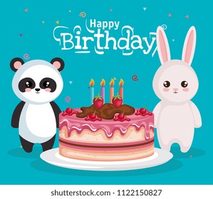 happy birthday card with bear panda and rabbit