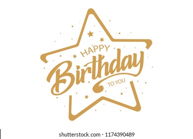 Happy Birthday card. Beautiful greeting banner banner lettering, calligraphy inscription. Holiday phrase, golden text word stars. Hand drawn design. Handwritten modern brush background isolated