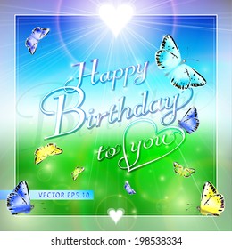 Happy birthday card with beautiful summer landscape and butterflies - eps10 vector background