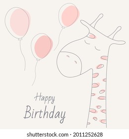 Happy birthday card in beige colors. Vector illustration with giraffe and balls, greeting card for web and print