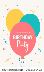 Happy birthday card with big balloons in retro style. Flat style. Vector illustration.