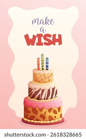 happy birthday card with big cake with animals, make a wish