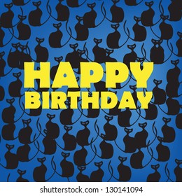 Happy Birthday card with black cats on blue