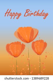 
Happy birthday card with blooming Californian poppies. Orange-blue background of the field and sky. Abstract pattern - golden poppy. Vector illustration.