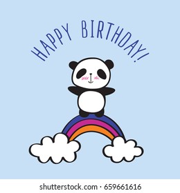 Happy Birthday card. Blue background. Hand drawn panda with rainbow for your design. Doodles, sketch. Vector illustration