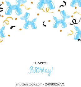 Tarjeta del feliz cumpleaños con los globos azules del perro de la acuarela. Vector fiesta ilustración