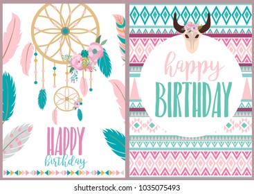 Happy Birthday Card With Boho Elements. Vector Illustration