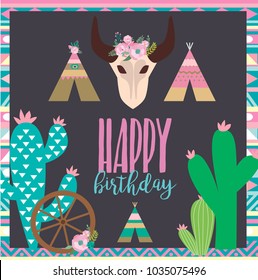 Happy Birthday card with boho elements. Vector illustration