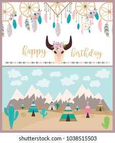 Happy Birthday card with boho elements. Vector illustration
