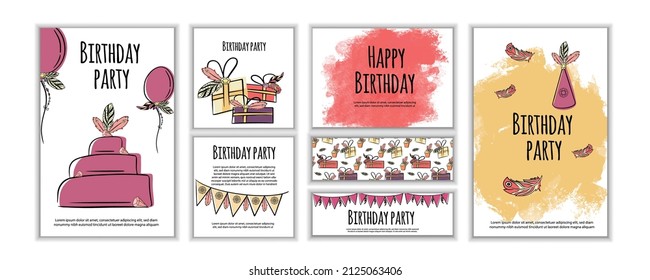 Happy birthday card with boho elements, feathers, flags, arrows and balloons. Vector illustration