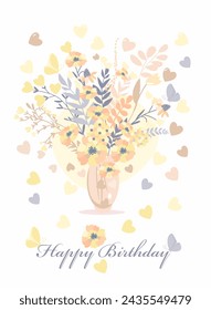 Happy birthday card. Bouquet of flowers in pastel colors. Vector illustration.